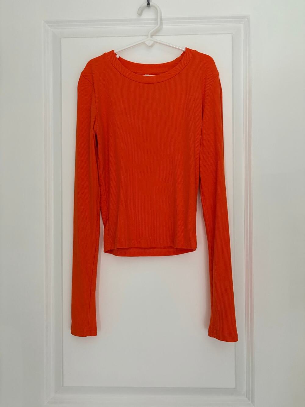 Orange Ribbed Long Sleeve Top Slim Fit Crew Neck Size Small